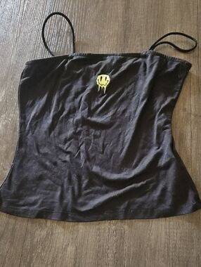 Small Black Spaghetti-Strap Camisole with Yellow Drip Smile